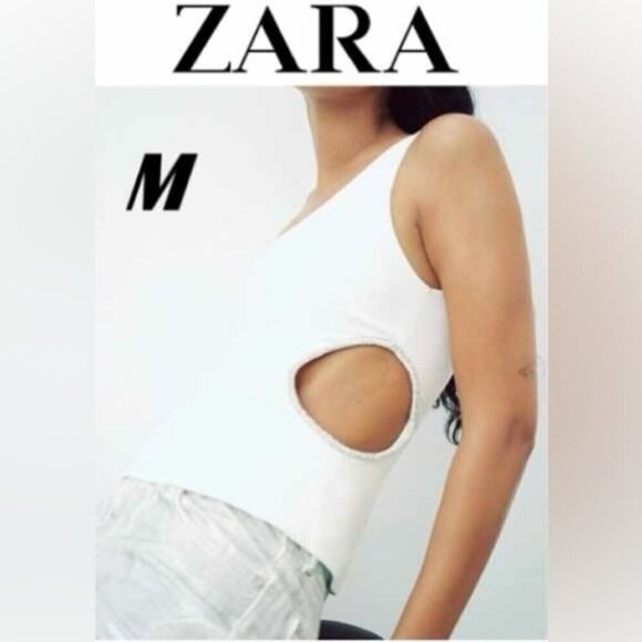 Zara - Ladies One Shoulder Asymmetric Rhinestone Top-White. Size: M. NWT. (1431) - Picture 1 of 14